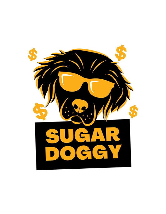 Egy menő, napszemüveges kutya fejét ábrázolja a kép, stílusosan kiegészítve dollárjelekkel és a "SUGAR DOGGY" felirattal. 