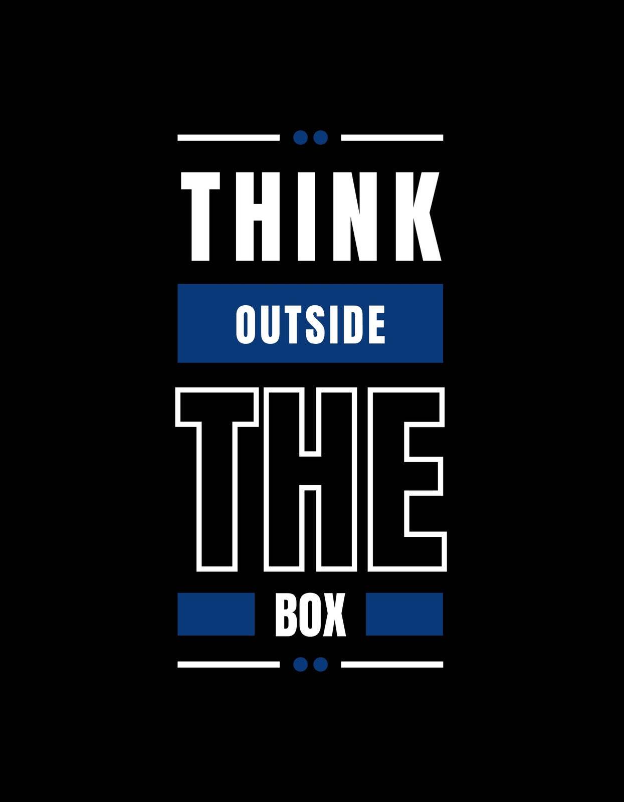 Az inspiráló szlogen, “THINK OUTSIDE THE BOX”, fehér és kék szöveggel van kiemelve a képen, egy minimalista design keretein belül, ami kreativitásra és újításra ösztönöz. 