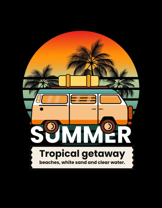 Egy narancssárga és sárga naplementében fürödő tájképet látunk pálmafákkal és egy klasszikus kisbusszal. A kép nyári szabadság és kaland érzetét kelti. 