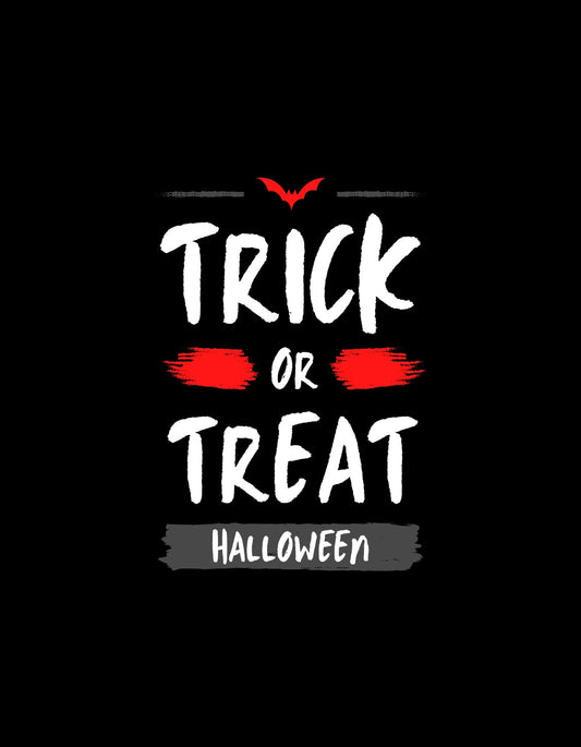 A képen egy jellegzetes Halloween tematikájú dizájn látható, "Trick or Treat" felirattal és egy denevér sziluettel, ami erős, ünnepi hangulatot áraszt. 