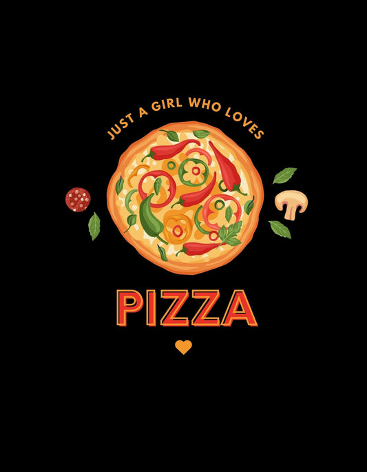  Vidám és színes dizájnnal ellátott pizzáról ábrándozó felirattal: "Just a girl who loves pizza", ami egy játékos szellemet kölcsönöz viselőjének. 