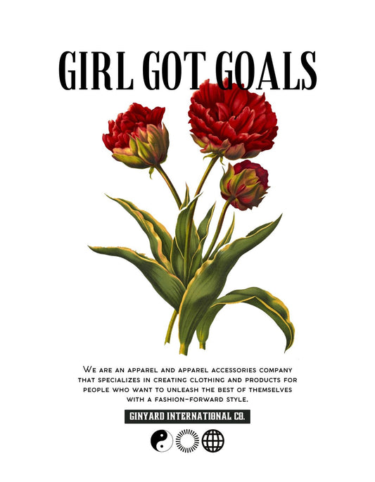 Vibráló piros tulipánok, amelyek az "GIRL GOT GOALS" szöveggel együtt erőt és határozottságot sugároznak. 