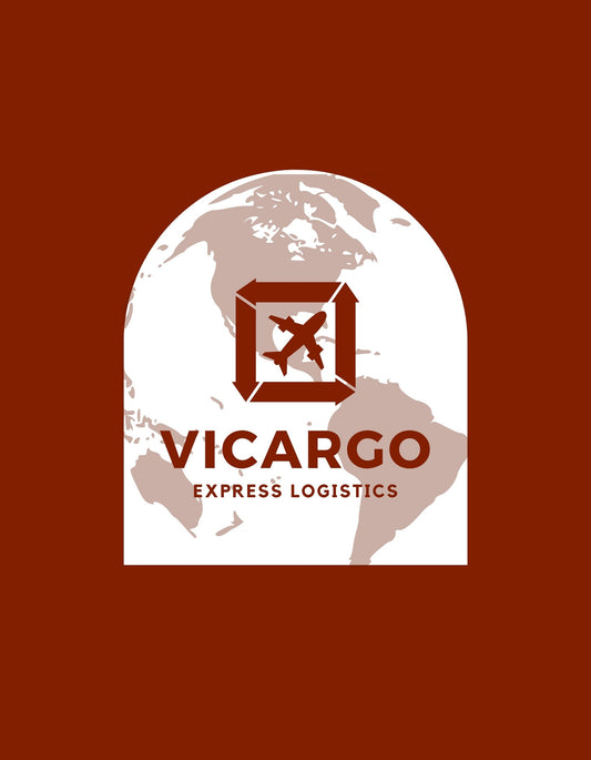 Az ábrán egy világtérkép háttérrel rendelkező, középen elhelyezett doboz található, melyben egy repülőgép sziluettje látható, és alattuk a "VICARGO EXPRESS LOGISTICS" felirat áll. 