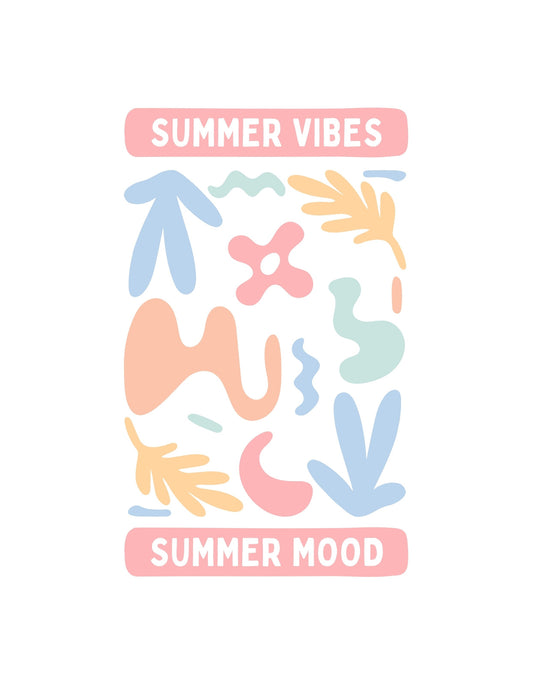 Pastell színvilágú, nyári hangulatot árasztó absztrakt formákkal és "SUMMER VIBES" - "SUMMER MOOD" feliratokkal díszített design. 