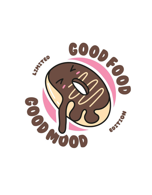 Csokis fánk dizájn körül ölelt a "GOOD FOOD GOOD MOOD" szöveggel. Modern, játékos betűtípussal, hangulatos színekkel. 