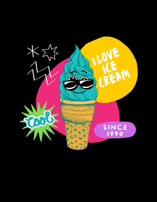 Egy menő, színes fagylalt képe, amely napszemüveget visel, és a "I LOVE ICE CREAM" szöveget körbeölelő dinamikus, élénk színfoltokkal van körülvéve. A design kifejezi a nyári hangulatot és a fagylalt iránti szeretetet. 
