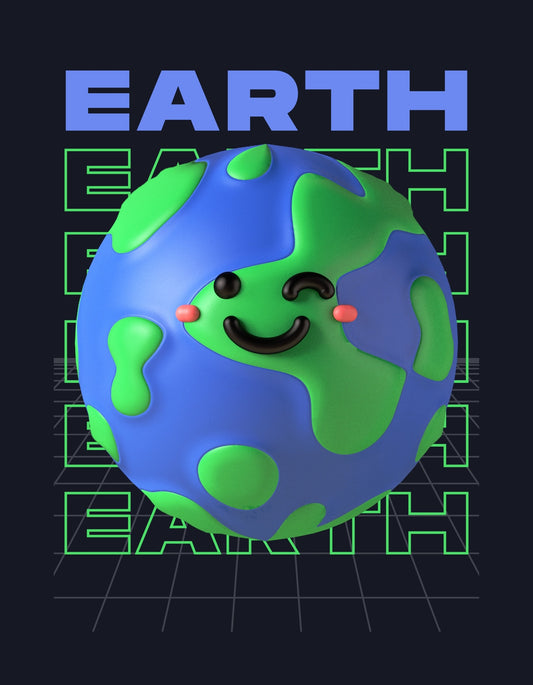Egy mosolygó Föld bolygó látható, mely színes és barátságos arckifejezéssel bír, körülötte a "EARTH" felirat szerepel szabályos ritmikus mintázatban. 