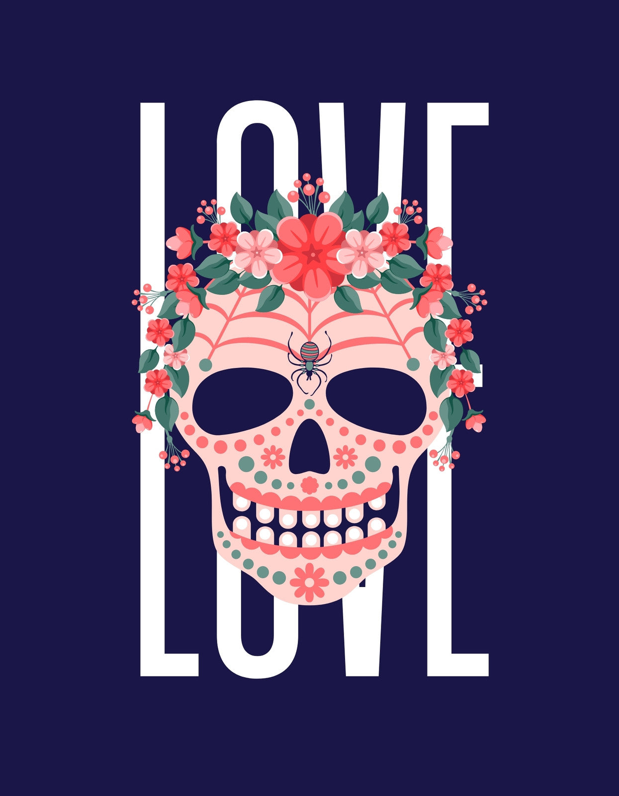 Ez a kép egy virágokkal díszített koponyát ábrázol, 'LOVE' felirattal, mely a mexikói "Día de los Muertos" ünnep hangulatát idézi elő. 