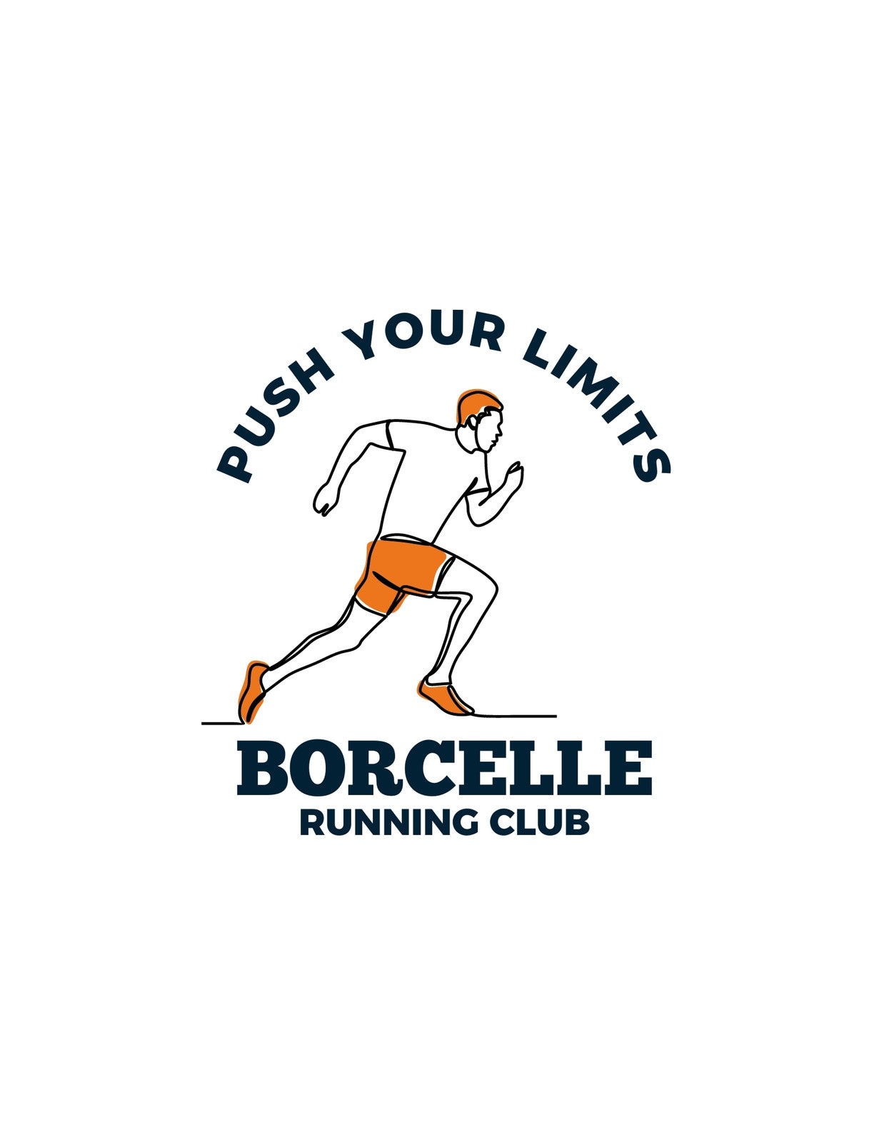 Dinamikus futó ábrázolásával és a "PUSH YOUR LIMITS" felirattal, ez a design a határok feszegetésének és a kitartásnak állít emléket. A "BORCELLE RUNNING CLUB" köríves szövege tökéletes kiegészítője a sportos képnek. 