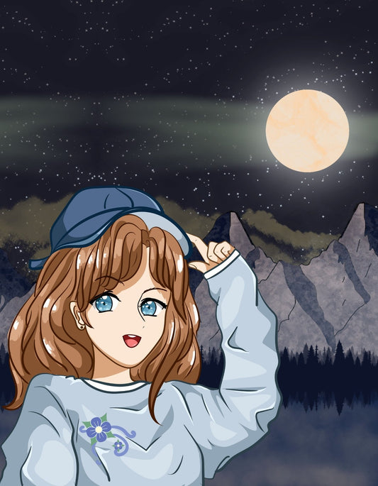 Egy anime stílusú lány, aki egy hegyvidéki tájat néz meg éjszaka, a háttérben telihold és csillagok ragyognak. Vonzó és misztikus hangulatot áraszt, mintha egy mesébe csöppentünk volna. 