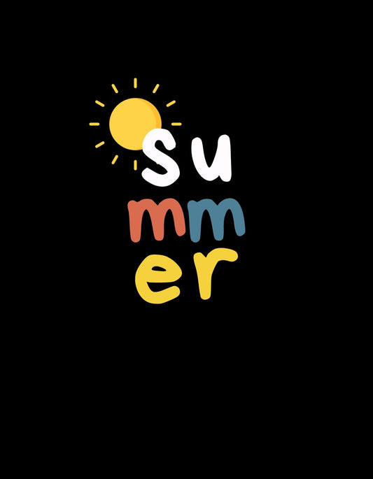 Az ábrán a "Summer" felirat látható, melyet színes betűk és egy ragyogó nap tesz vidámmá, megidézve a nyári napfényt és a vidámságot. 