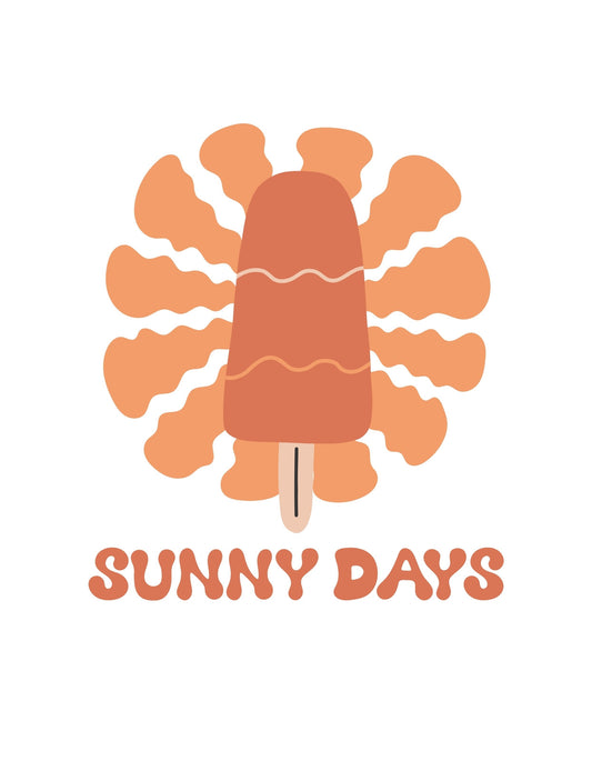 Egy vidám, nyárias hangulatot árasztó jégkrémes design, narancs és barna színekkel, amely napfényes napokra emlékeztet és "Sunny Days" felirattal van ellátva. 