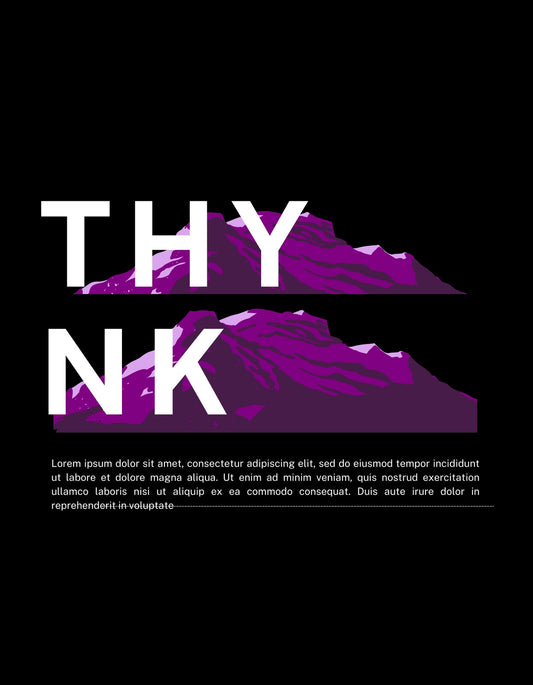 A képen egy modern és dinamikus design látható a "THY NK" felirattal, melyet stilizált lila hegyvonulatok egészítenek ki, kifejezve a merészséget és a gondolkodás erejét. 
