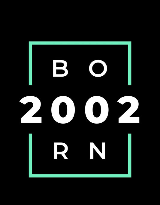 Minimalista dizájn egy határozott üzenettel - az "2002 BORN" felirat kiemeli viselőjének születési évét egy letisztult, modern stílusban. A fekete alapon fehér betűk és a türkiz szegély izgalmas kontrasztot teremt.