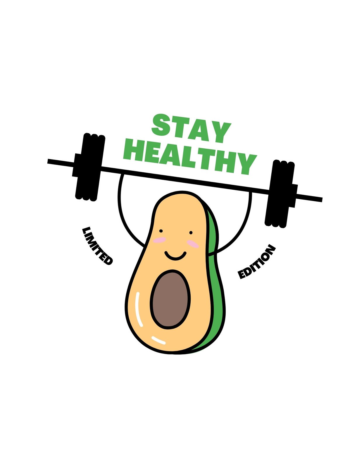 Egy mosolygó avokádó karakter emel egy súlyzót, amely felett a "STAY HEALTHY" szöveg olvasható zöld betűkkel. A kép pozitív energiát sugároz és az egészséges életmód fontosságát hangsúlyozza. 
