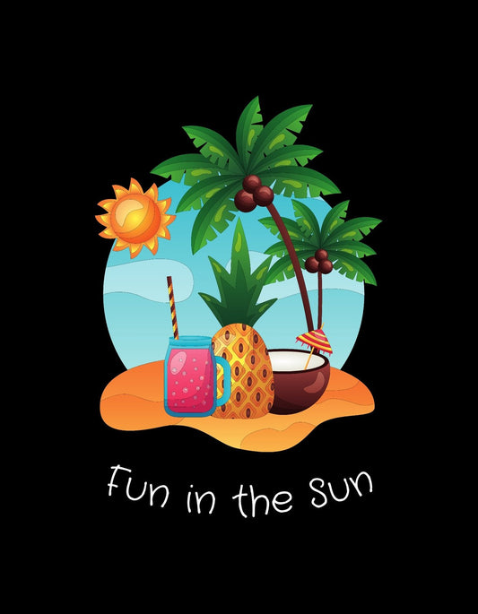 Egy nyaralós hangulatú grafika, ahol pálmák, egy sziget, egy ananász formájú italtartó és egy kókuszdió látható. 
