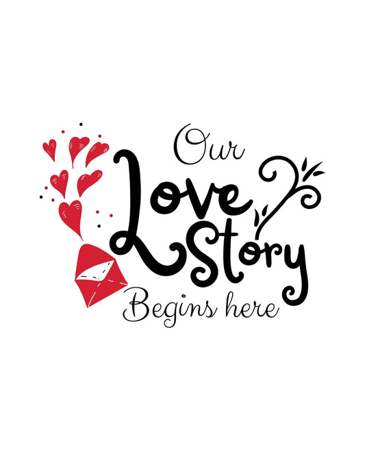 Egy szerelmes történet kezdetét ábrázoló grafika, melyben szívvel teli boríték tör ki a szívekből és az "Our Love Story Begins here" szöveggel együtt romantikus hangulatot áraszt. 