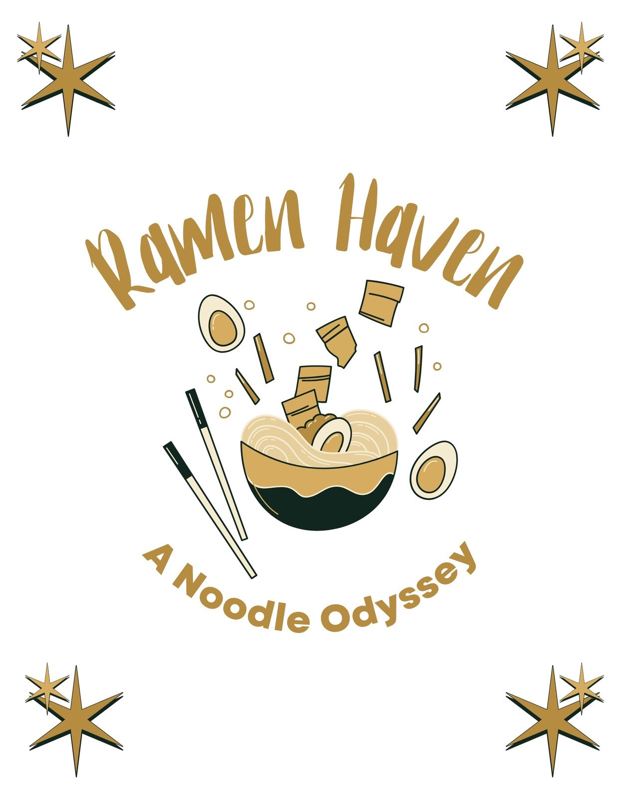 Egy ízletes, steampunk stílusú ramen tál látványosan jelenik meg a képen, körbevéve pörgő tésztadarabokkal és egy tojással, melyek a "Ramen Haven - A Noodle Odyssey" szöveg köré rendeződnek, mintegy kulináris kalandra hívva a nézőt. 