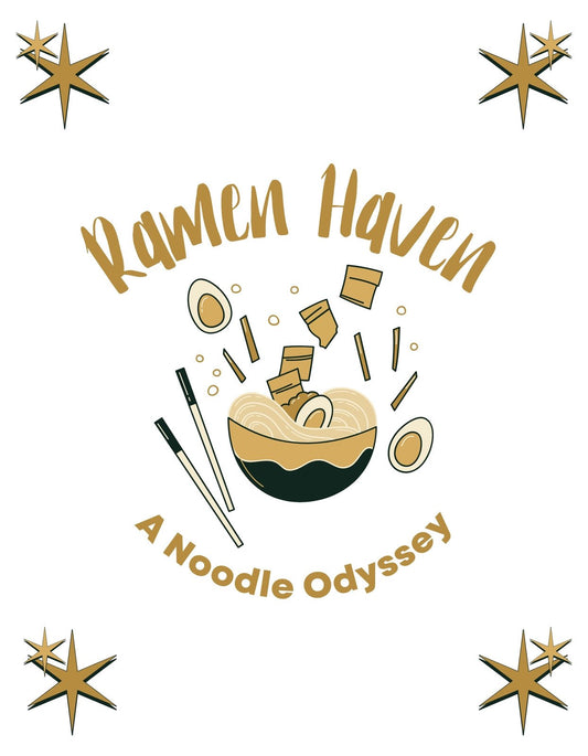 Egy ízletes, steampunk stílusú ramen tál látványosan jelenik meg a képen, körbevéve pörgő tésztadarabokkal és egy tojással, melyek a "Ramen Haven - A Noodle Odyssey" szöveg köré rendeződnek, mintegy kulináris kalandra hívva a nézőt. 