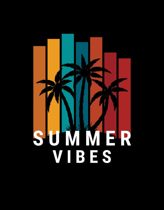 Egy színes, vibráló grafika, amely a nyári hangulatot idézi meg, színes sávok és pálmafák sziluettjeivel díszítve, valamint a "SUMMER VIBES" felirattal alul. 