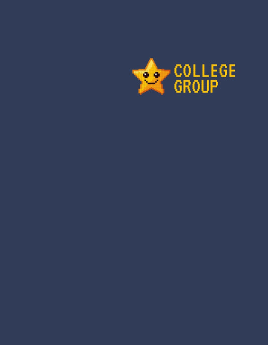 Vidám csillagarcot ábrázoló tervezet, melyet a "COLLEGE GROUP" felirat egészít ki, retro videojáték stílusban. 