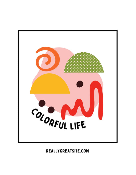 Egy színes, absztrakt minta, ami vidám hangulatot áraszt, többféle forma és mintázat kombinációjával. A kép közepén szereplő „COLORFUL LIFE” felirat üzenete optimizmusra és színekre való nyitottságra buzdít. 
