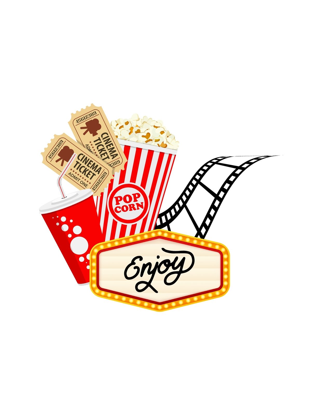 Egy filmes éjszakához illő, vidám hangulatú kép belépőjegyekkel, popkornos vödörrel, pohár üdítővel, és egy filmcsíkkal, amire az "Enjoy" feliratú címke van függesztve. 