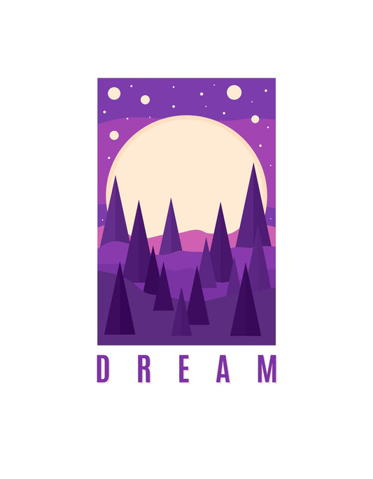 Egy lila árnyalatú tájat ábrázol az kép, egy nagy sárgás holdakkal a háttérben és hegyekkel az előtérben, amelyek között a "DREAM" felirat olvasható. 