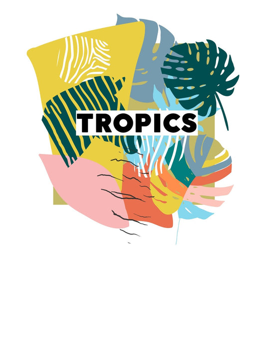 Színes trópusi minták töltik meg az egészet, kiegészítve a "TROPICS" felirattal, ami a nyár és a kalandok szellemét idézi elő. 