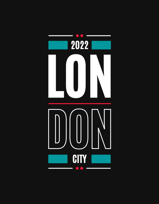 Minimál stílusban kivitelezett grafika, melyen a "2022 LONDON CITY" felirat látható modern betűtípussal, elegáns fekete háttér előtt, turkiz és piros díszítőelemekkel.