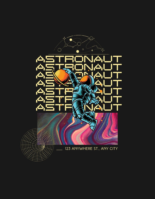 Egy űrhajóst ábrázoló grafika, aki az űr színes ködei és csillagok között lebeg, felirattal az előtérben, ami az "ASTRONAUT" szót ismétli. A dizájn modern és misztikus hangulatot áraszt. 