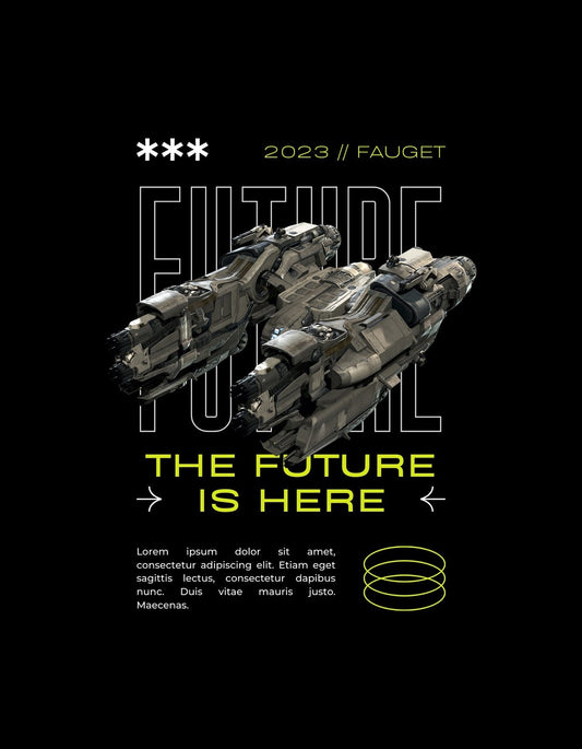 A képen futurisztikus űrhajó szerű elemek láthatóak, modern és sci-fi hatást keltve. A design dinamikus és mély, elgondolkodtató töltettel rendelkezik. 