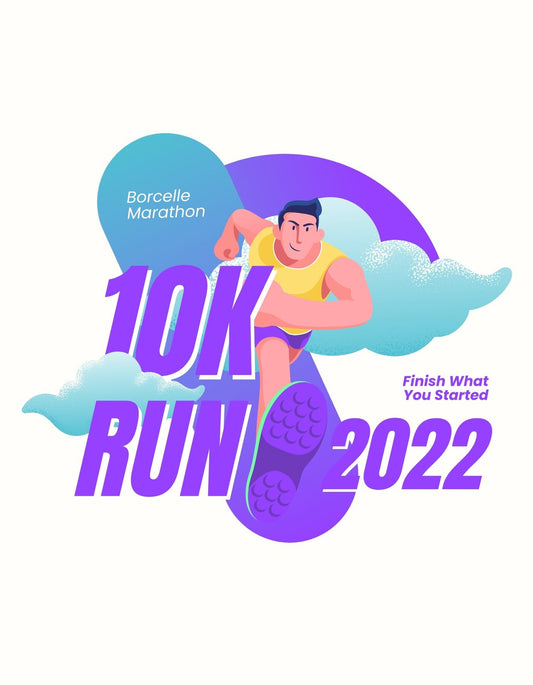 A képen egy dinamikusan futó figura látható, előtérben a "10K RUN 2022" felirat hangsúlyosan kiemelve. A dizájn modern és pezsgő, az energikus színek és a mozgásérzet fokozzák a sportos hangulatot.