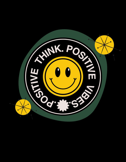 Egy vidám, mosolygós arc középen helyezkedik el, körülötte a "THINK POSITIVE" szöveg kiemelkedik, ami inspiráló üzenetet közvetít. A dizájn modern és letisztult, a sárga és fekete színek kontrasztja pedig energikát sugároz. 