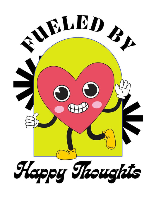 Egy mosolygós szívfigurát ábrázol, melynek felirata: "Fueled by Happy Thoughts". A szív tárt karokkal és boldog arc kifejezéssel sugározza a pozitív energiát és vidámságot. 