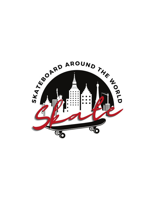 A képen egy gördeszkás motívum látható, melyet híres városlátványosságokkal körbeölelt arc körvonalai díszítenek, az „Skateboard Around the World” felirattal és dinamikus betűtípussal. 