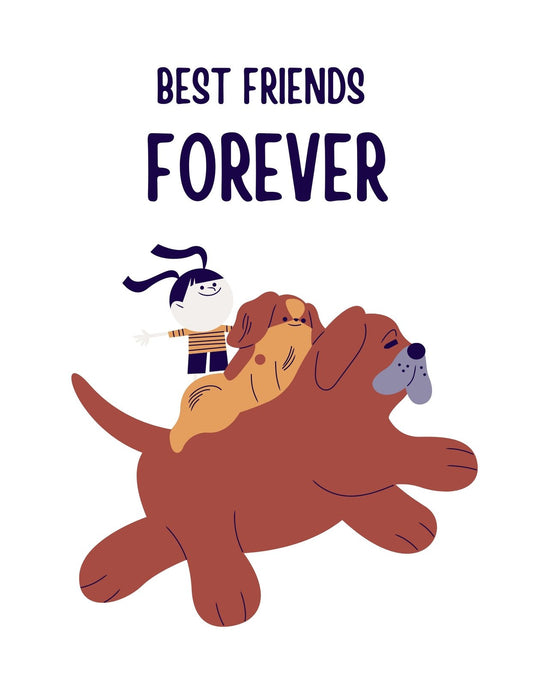 Egy mosolygó gyermeket és boldog kutyát ábrázoló dizájn, a "Best Friends Forever" szöveggel, mely az örök barátságot fejezi ki. 
