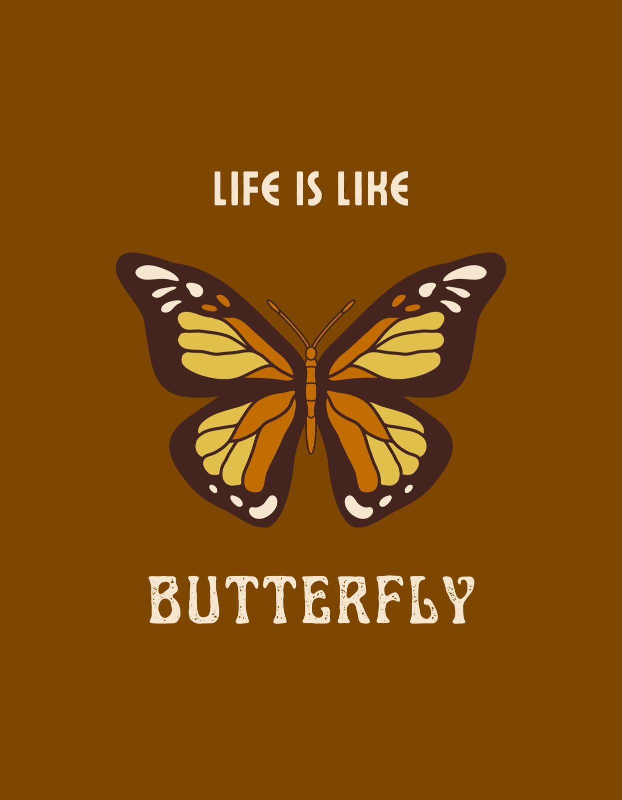 Egy szépen stilizált pillangó középpontban, "LIFE IS LIKE BUTTERFLY" felirattal, ami az élet és a változás szépségét hangsúlyozza. 