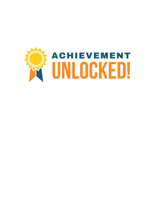 Egy kitűző formájú napfény ábrázolása mellett az "ACHIEVEMENT UNLOCKED!" felirat látható, ami a teljesítmény és elismerés érzetét közvetíti. 