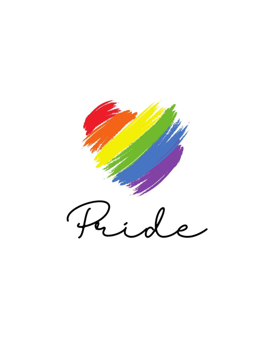 Egy szivárvány színeiben pompázó szív, mely az elfogadás és a sokszínűség üzenetét hordozza, alatta "Pride" felirattal. 