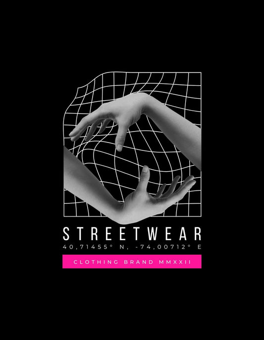 Egy modern stílusban készült kép, amin kéz pozíciókat láthatunk hálós háttér előtt, kiegészítve geolokációs koordinátákkal és a "STREETWEAR" felirattal. 