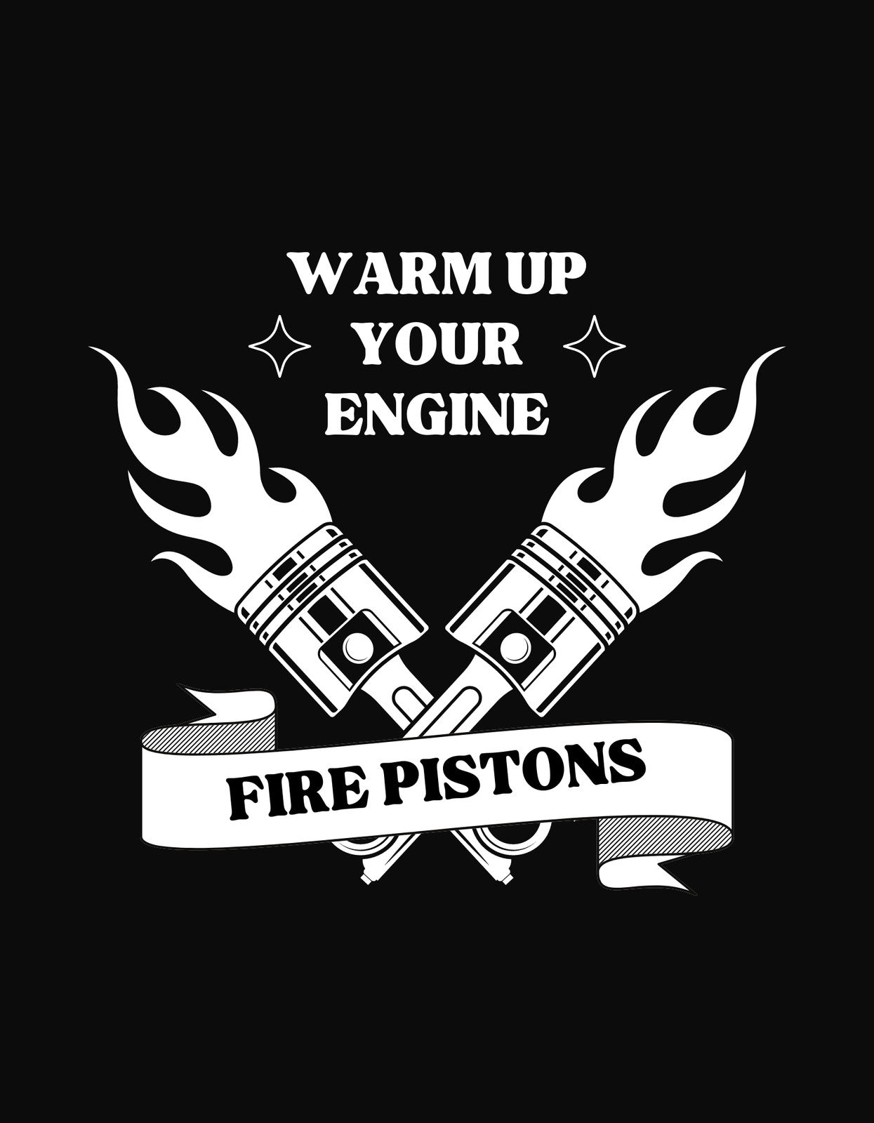  Lángoló hengerekkel és a "Warm Up Your Engine" felirattal díszített kép, amely a motorok erejét és energiáját ünnepli. 