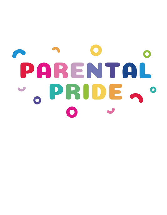 Színes betűkkel "PARENTAL PRIDE" felirat központi helyet foglal el az képen, körülvéve vidám, geometriai alakzatokkal, ami egy üdítő, pozitív hangulatot áraszt. 