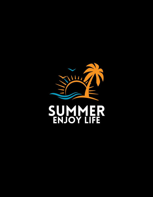 Egy naplemente sziluettjét látjuk, ahol egy pálma és hullámok veszik körül a fénylő napot, mellé pedig a "SUMMER ENJOY LIFE" felirat teszi teljessé a képet. 