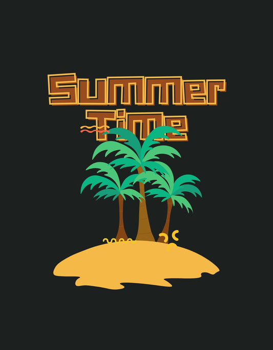 Egy sziget körvonalai kirajzolódnak, háttérben a "Summer Time" felirattal, ami a nyarat és a tengerparti hangulatot idézi meg. Három pálmafa nyújtózik az ég felé, míg a neon színű felirat a forró nyári napokat jeleníti meg. 
