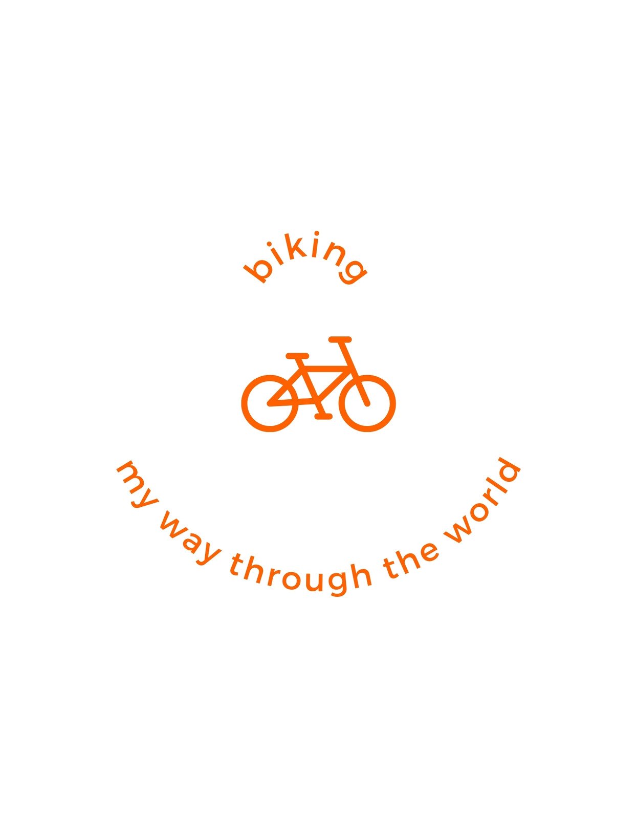 Egy minimalista kerékpár grafika, narancssárga színekben, körülötte lendületes, inspiráló szöveggel: "biking my way through the world". 