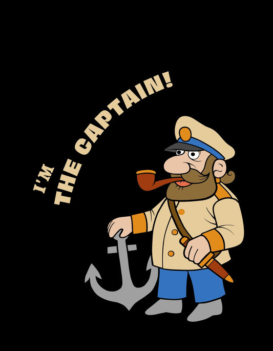 Egy pipázó, bajuszos tengerész kapitányt ábrázoló dizájn, aki kezében tart egy horgonyt, felette a szöveggel: "I'M THE CAPTAIN!" 