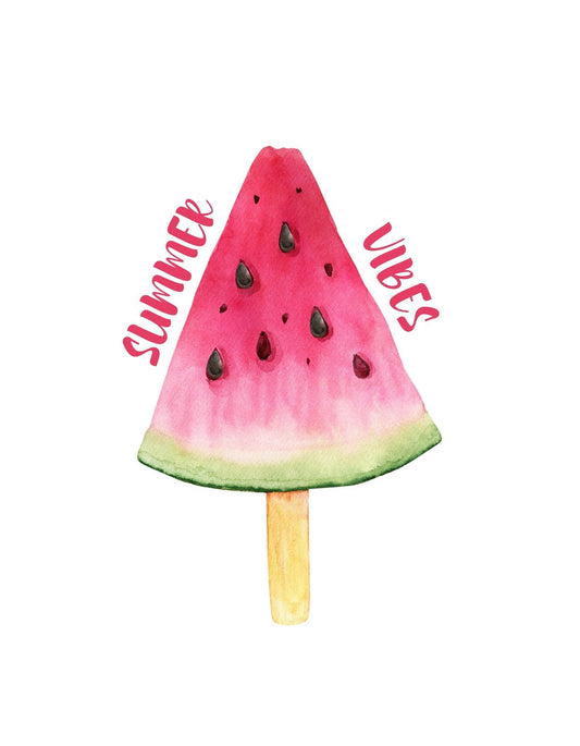 Egy vidám, nyári hangulatú gördeszka alakú dizájnt látunk, melynek felületét dinnye minta és magok díszítik. A képen látható a "Summer Vibes" felirat, ami tovább fokozza a termék vidámságát. 