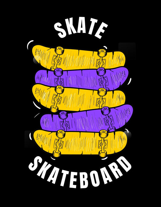 Egy dinamikus, vibráló grafika négy halmozott gördeszkából áll, melyek élénk sárga és lila színekben pompáznak, a "SKATE" és "SKATEBOARD" feliratokkal kiegészítve. 