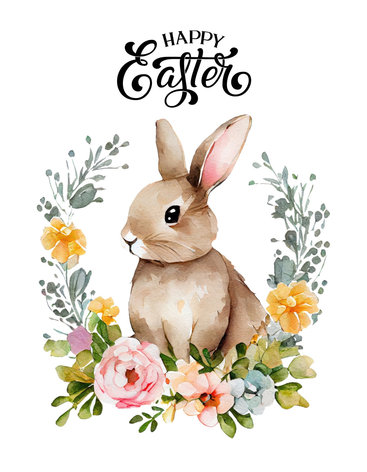 Egy aranyos, akvarell stílusban megfestett nyuszi ül virágok között, fölötte "Boldog Húsvétot" felirattal. 